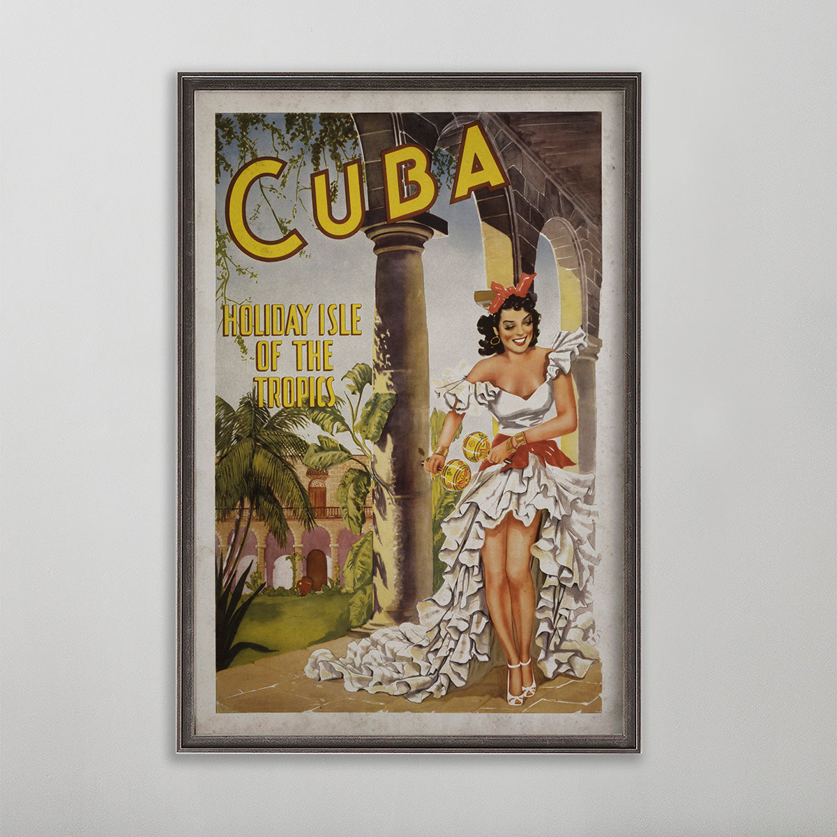 Cuba vintage travel poster wall art. Woman in white dress dancing with marachas