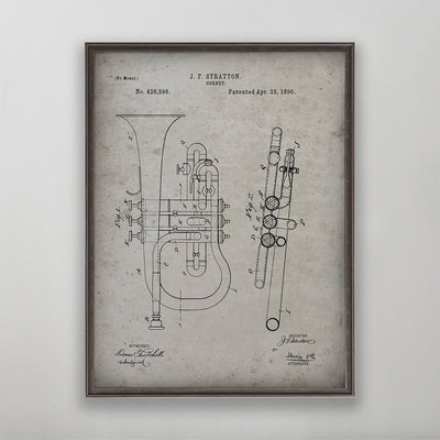 Old vintage cornet horn patent print for wall art home decor. 