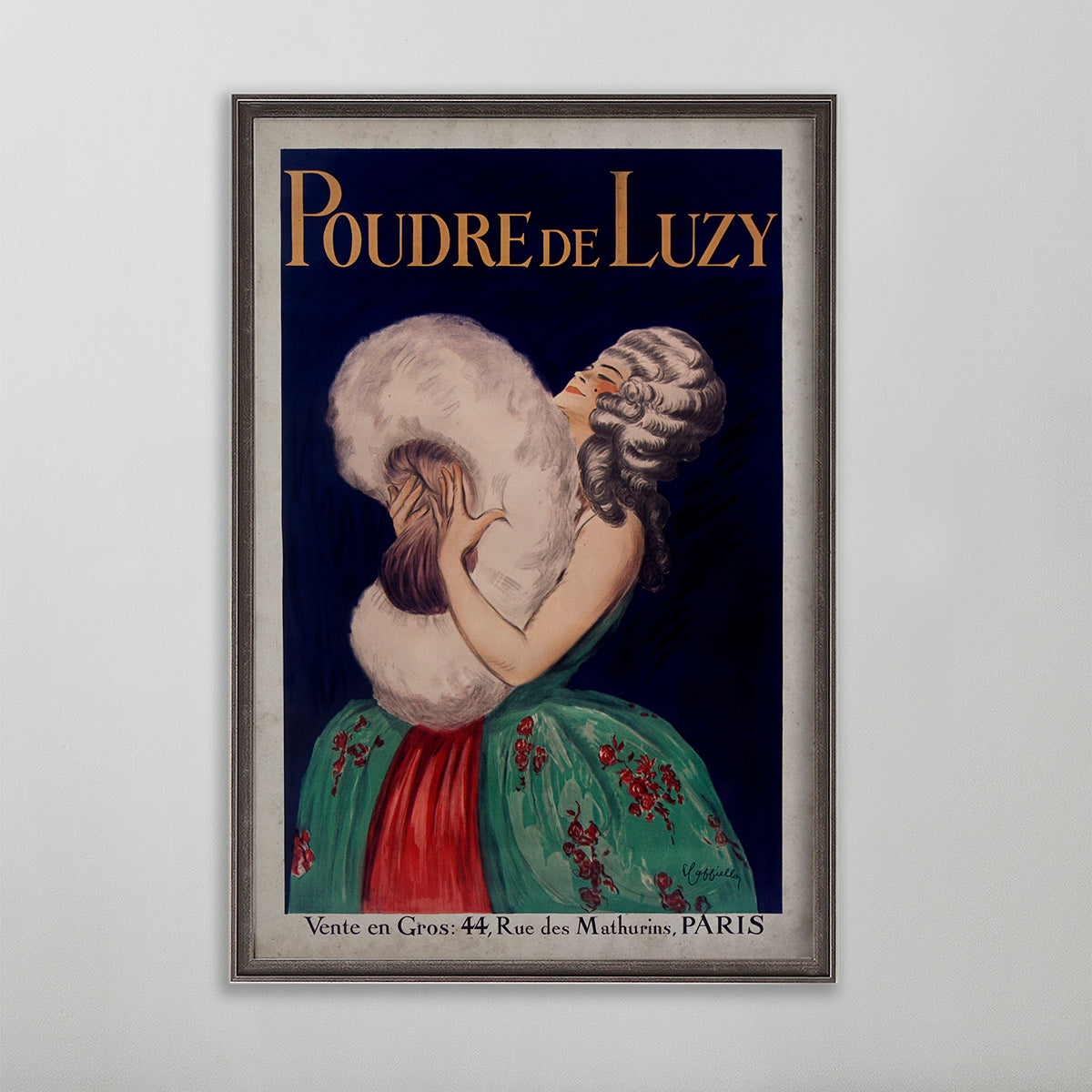 Poudre De Luzy vintage poster wall art by leonetto cappiello. Woman with wig holding powder pad.