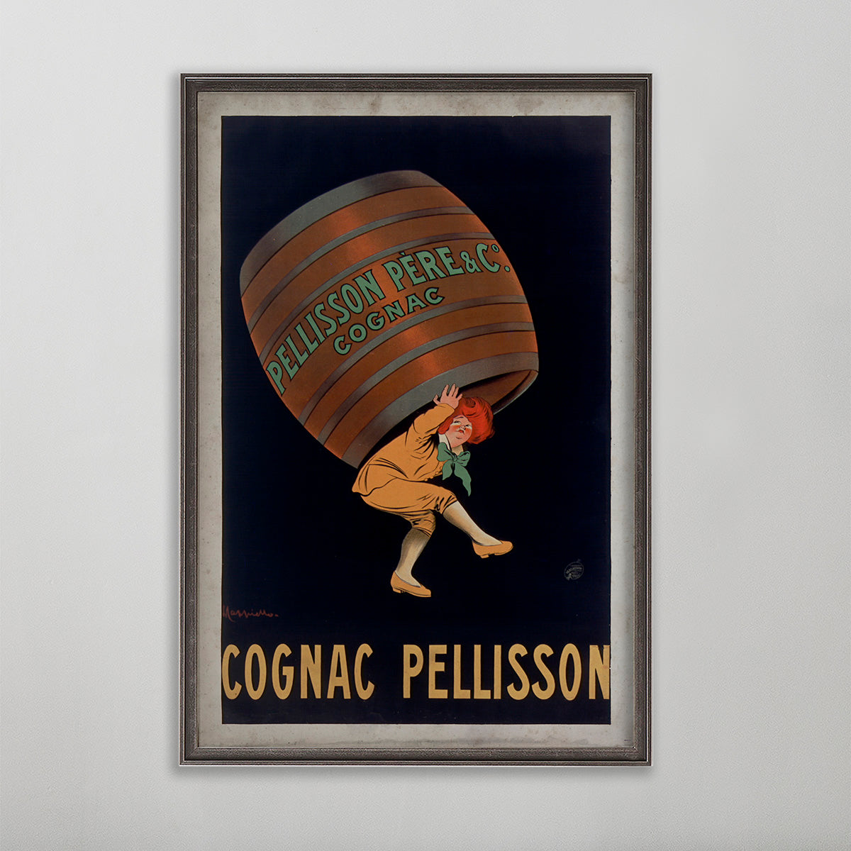 Cognac Pellison vintage poster wall art by leonetto cappiello. Boy with red hair holding barrel or keg.