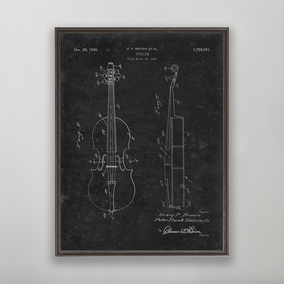 Violin Patent, Vintage Violin Patent Art, Antique Violin Patent Wall Decor, c. 1930 H.P. Brown Et Al