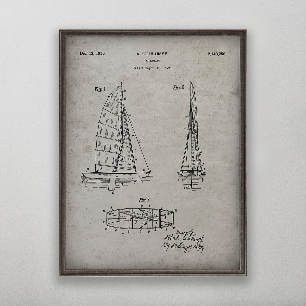 Old vintage Sailboat Patent A. Schlumpf patent print art for wall art home decor. 