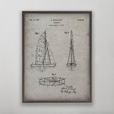 Old vintage Sailboat Patent A. Schlumpf patent print art for wall art home decor. 