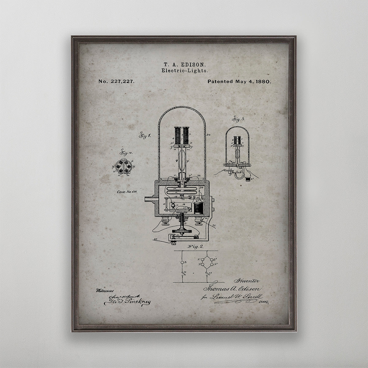 Old vintage Thomas Edison light bulb patent print art for wall art home decor. 
