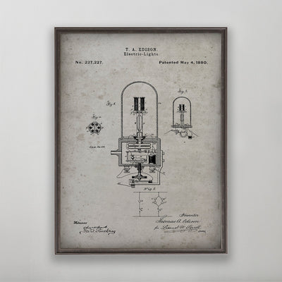 Old vintage Thomas Edison light bulb patent print art for wall art home decor. 