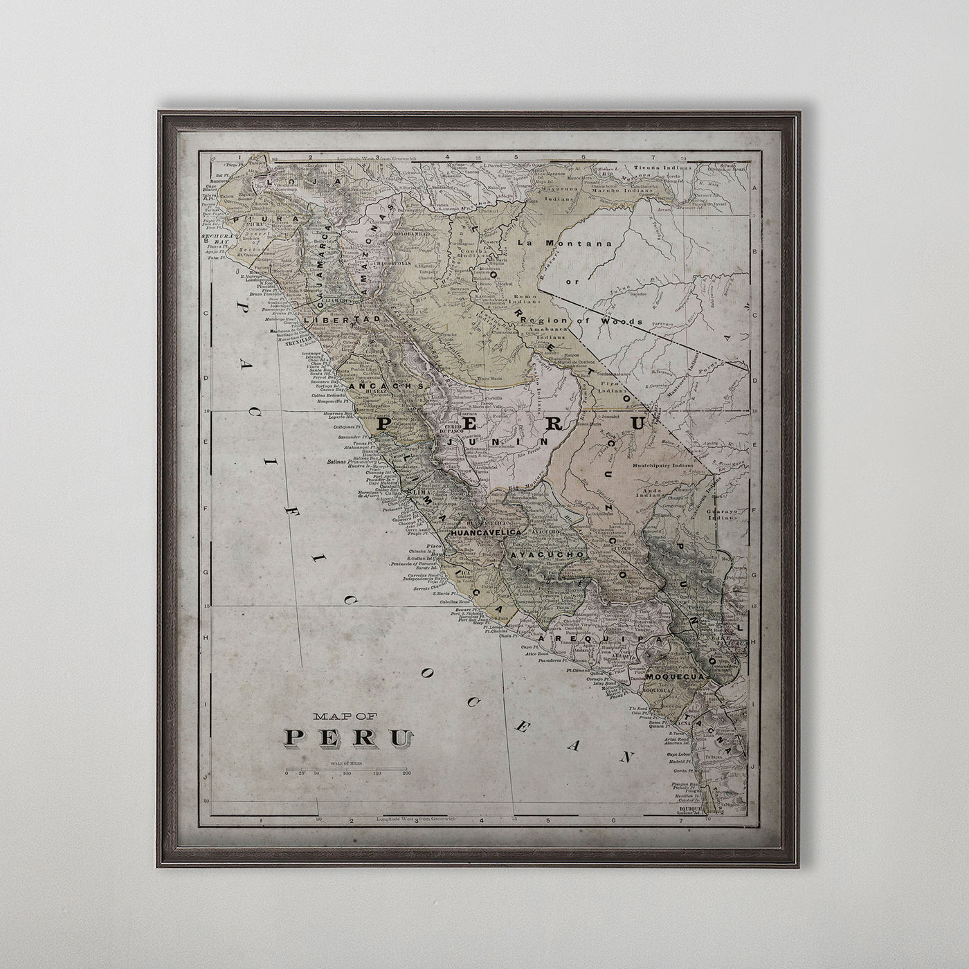 Old vintage historic map of Peru for wall art home decor. 