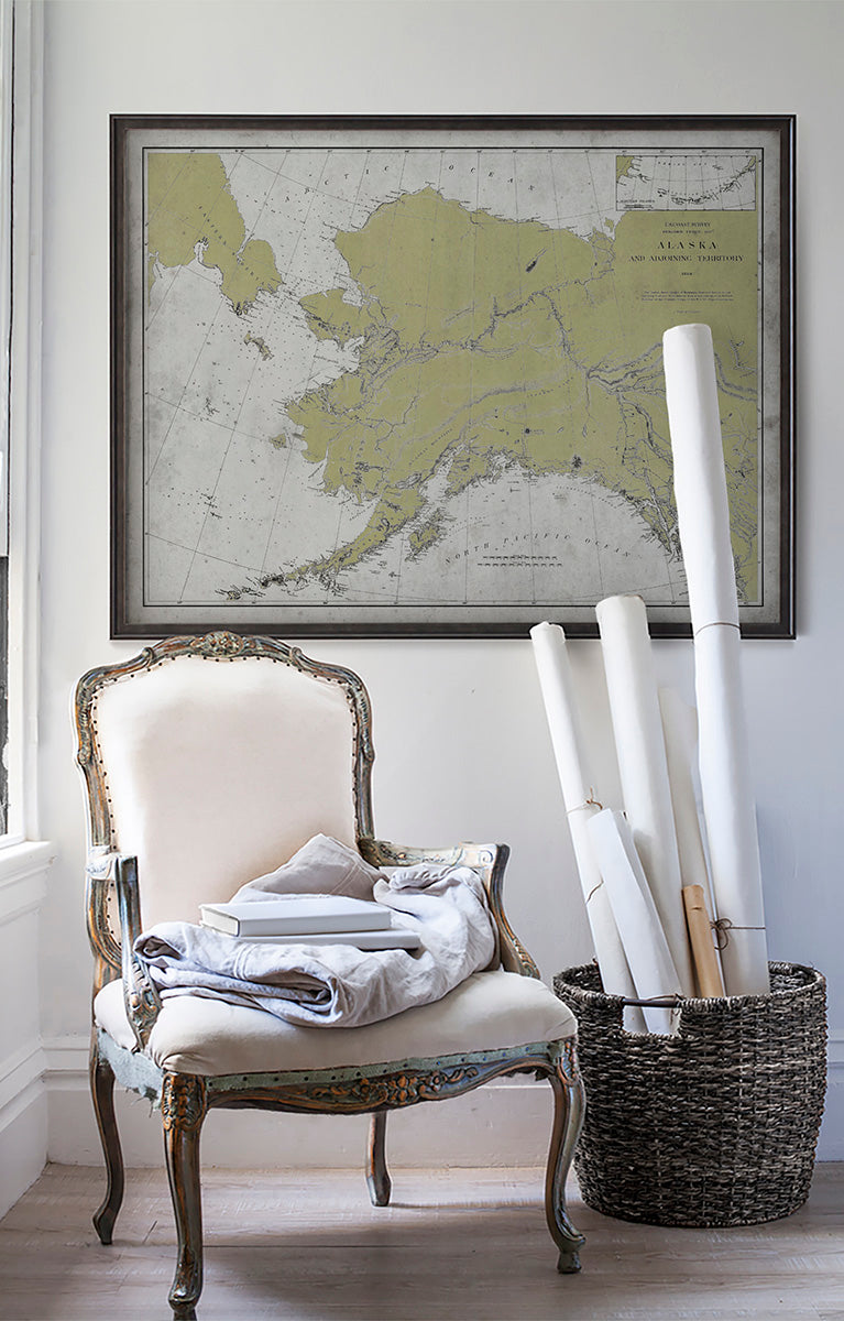 Alaska Nautical Map, Alaska Nautical Chart, Alaska Home Decor, Circa 20th C.