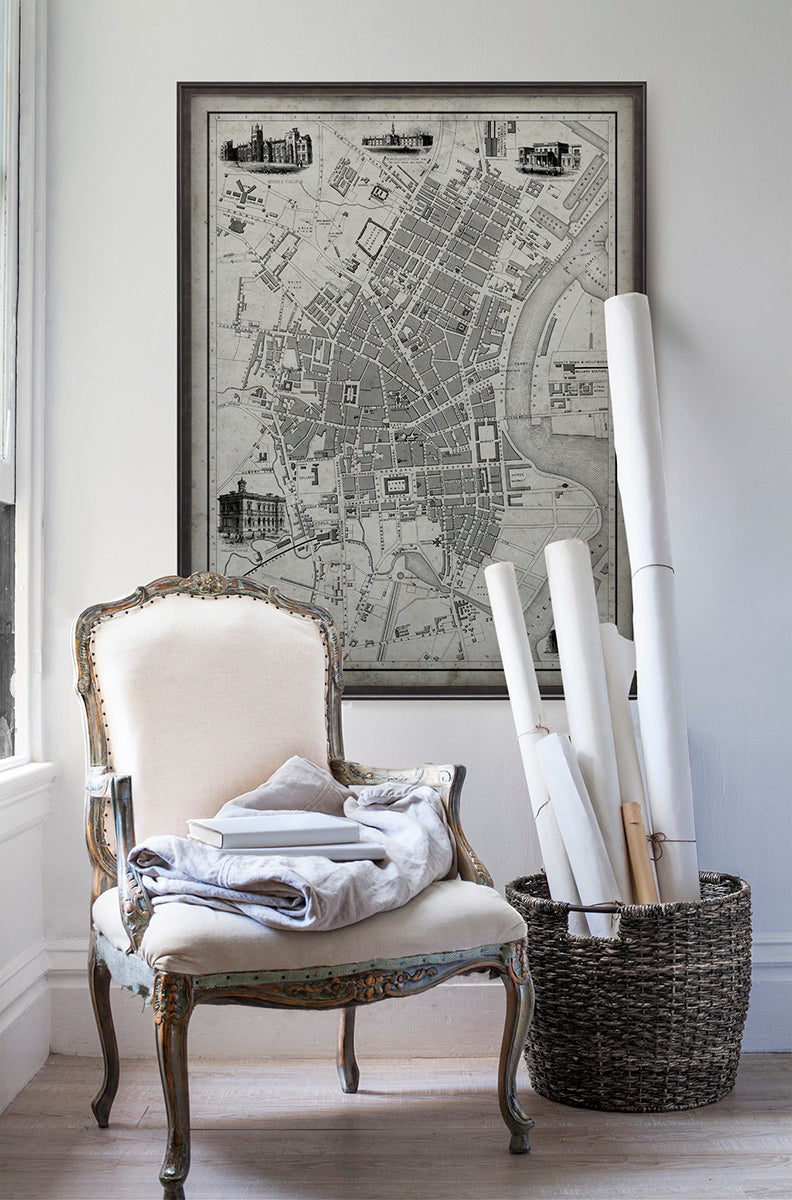 Vintage historic map of Belfast white wall with vintage furniture and vintage decor.