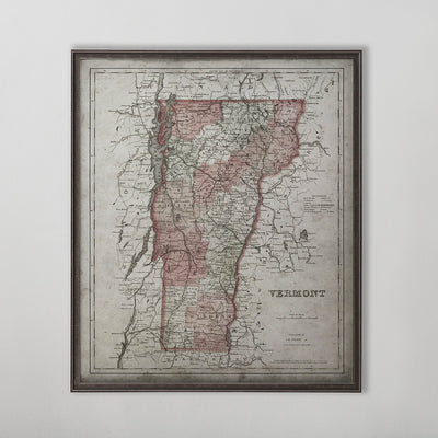 Old vintage historic map of Vermont for wall art home decor. 