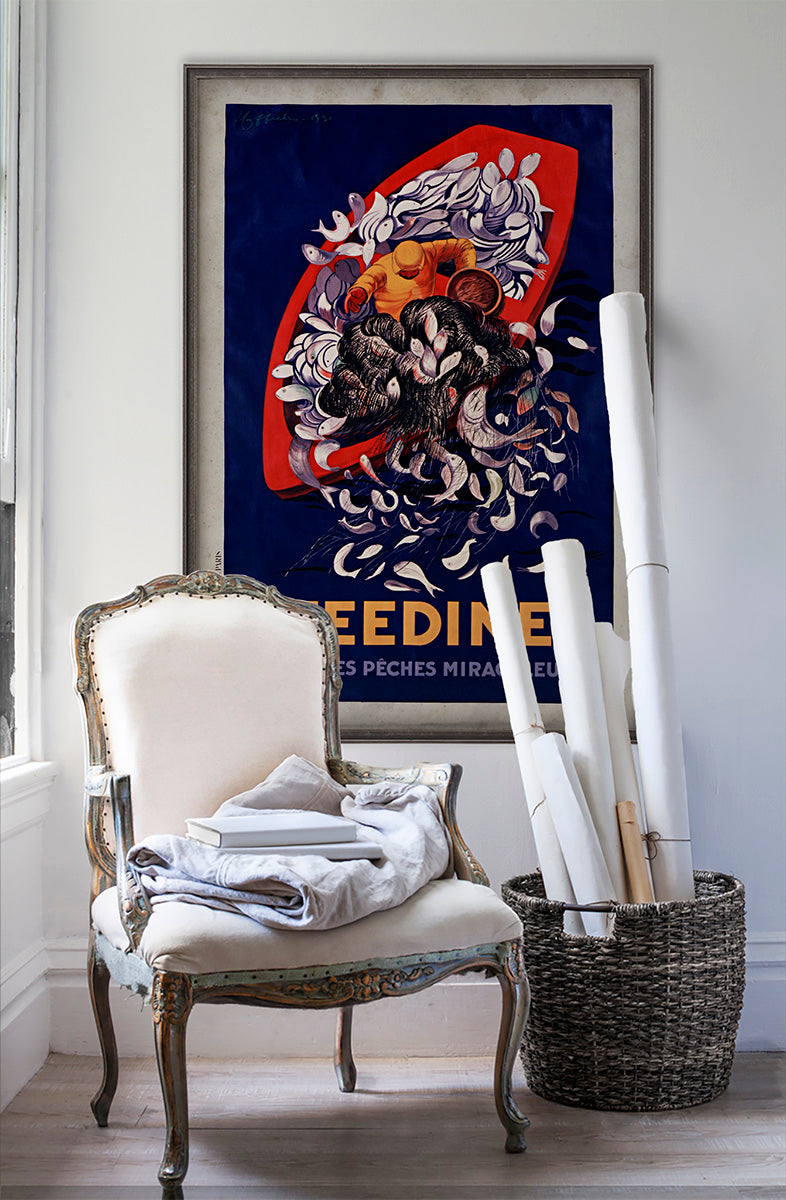 Feedine vintage poster wall art on white wall with vintage furniture and vintage decor.