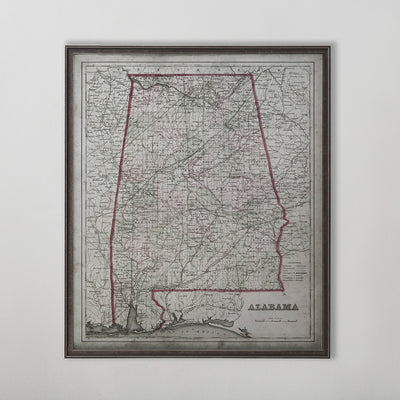 Old vintage historic map of Alabama for wall map art. 