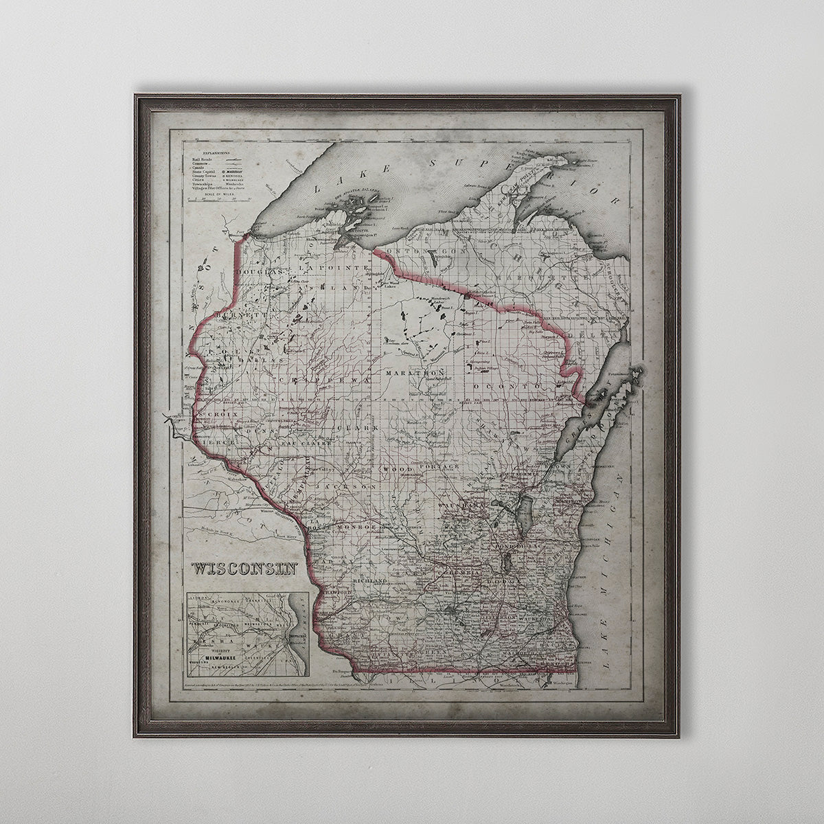 Old vintage historic map of Wisconsin for wall art home decor. 