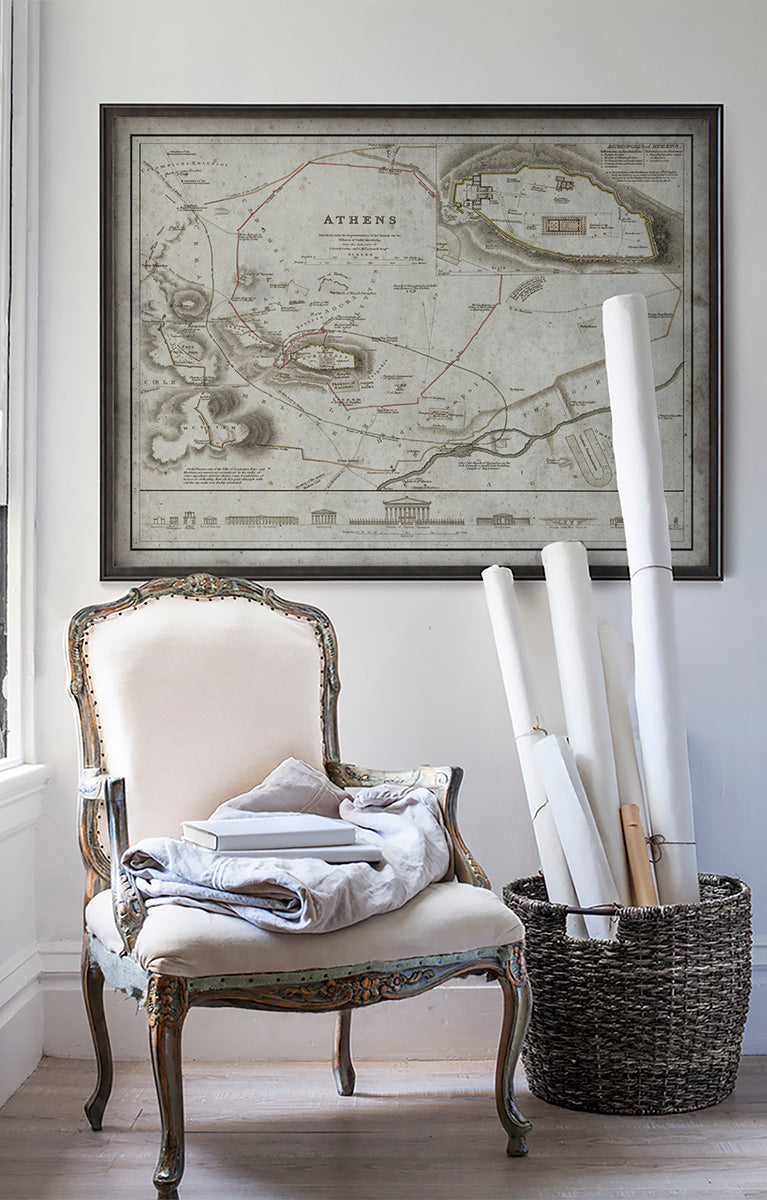 Vintage historic map of Athens white wall with vintage furniture and vintage decor.