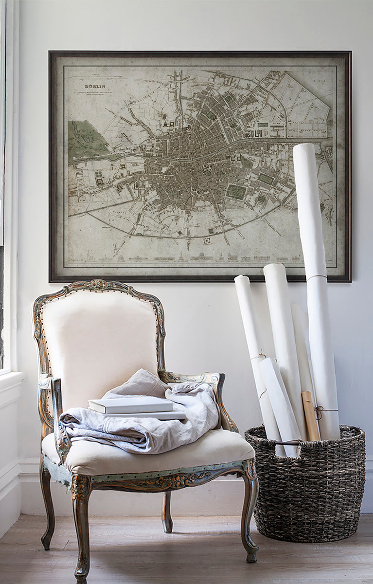 Vintage historic Dublin, Ireland map in room with white walls with vintage furniture and vintage decor.