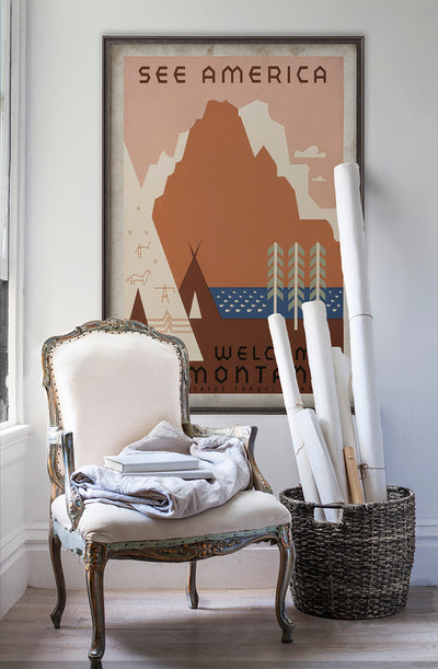 Montana travel poster wall art on white wall with vintage furniture and vintage decor.