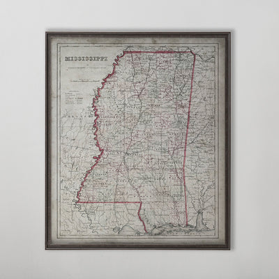 Old vintage historic map of Mississippi for wall art home decor. 