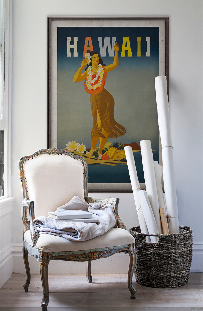 Hawaii vintage travel poster wall art poster on white wall with vintage furniture and vintage decor.