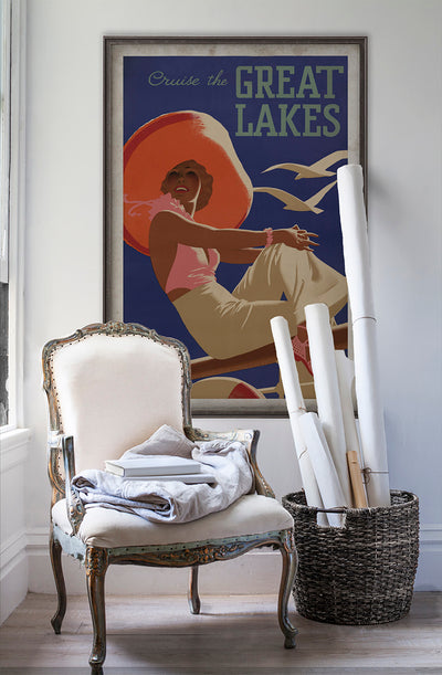 Great Lakes vintage travel poster wall art poster on white wall with vintage furniture and vintage decor.