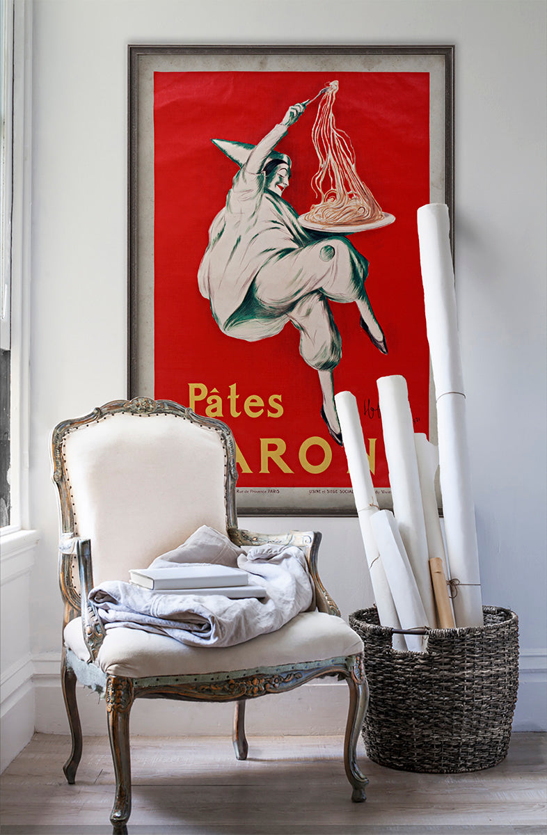 Pâtes Baroni vintage poster wall art on white wall with vintage furniture and vintage decor.