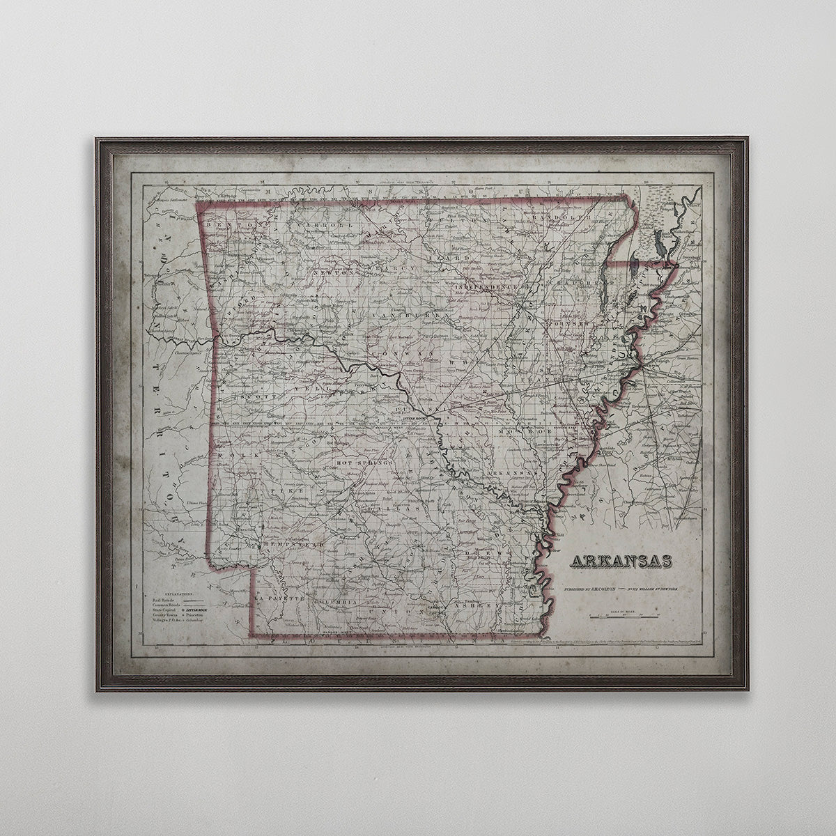 Old vintage historic map of Arkansas for wall art home decor. 