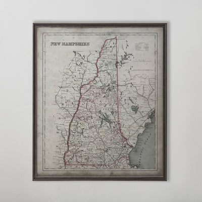 Old vintage historic map of New Hampshire for wall art home decor. 