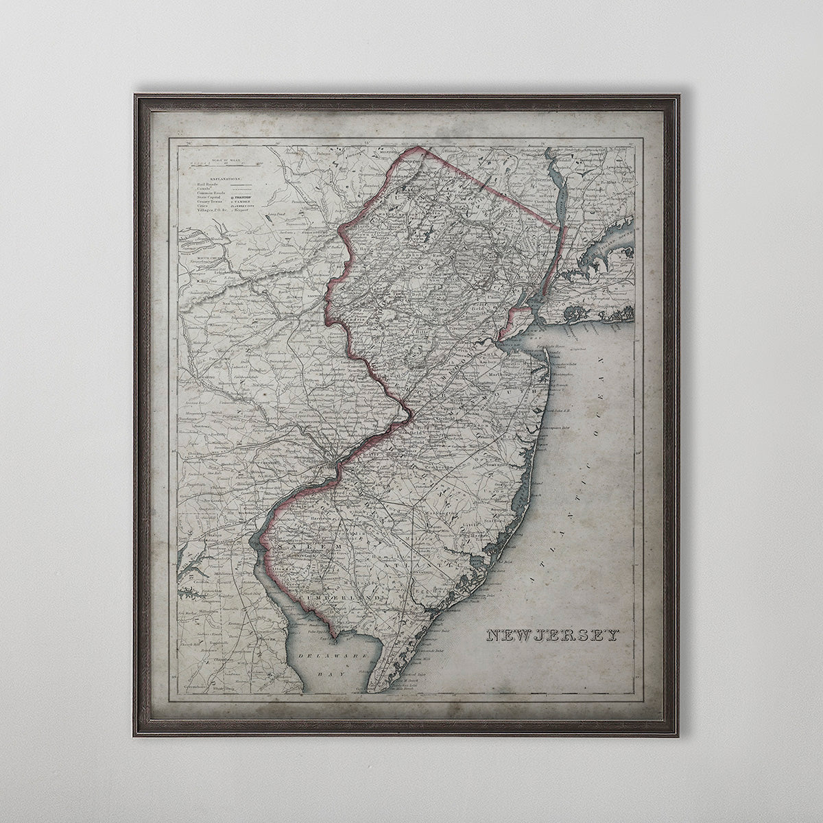 Old vintage historic map of New Jersey for wall art home decor. 