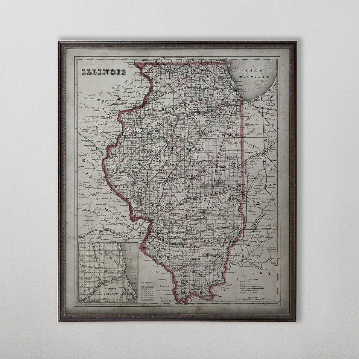 Old vintage historic map of Illinois for wall art home decor. 