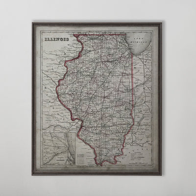 Old vintage historic map of Illinois for wall art home decor. 