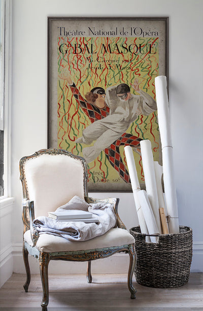 Theatre national de l'Opera vintage poster wall art on white wall with vintage furniture and vintage decor.