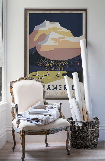 Montana travel poster wall art on white wall with vintage furniture and vintage decor.