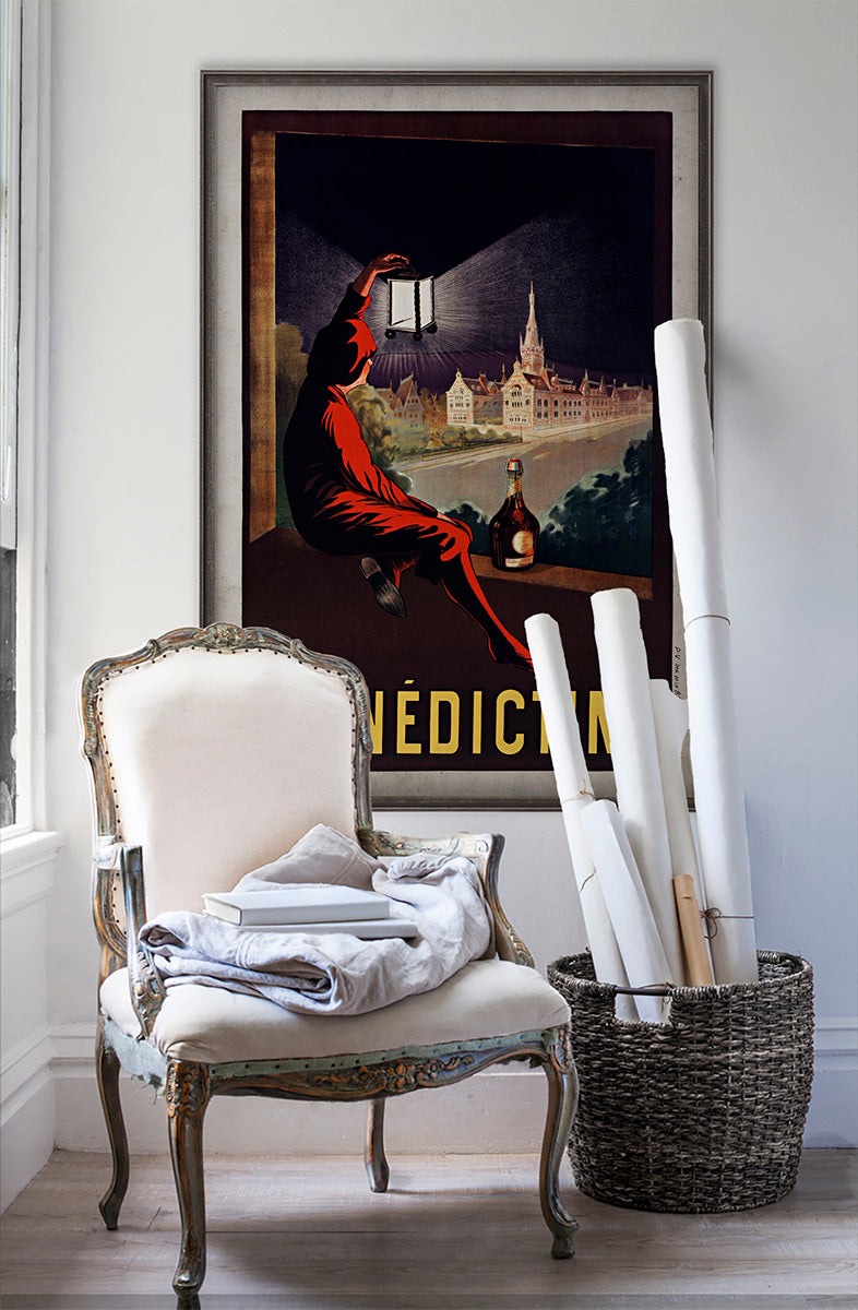 edictine vintage wall art poster on white wall with vintage furniture and vintage decor.