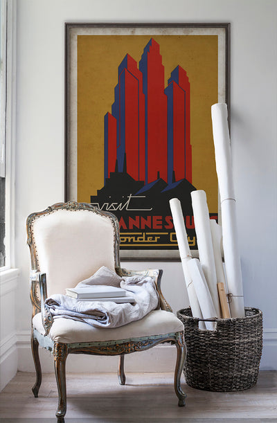 Johannesburg, South Africa travel poster wall art poster on white wall with vintage furniture and vintage decor.