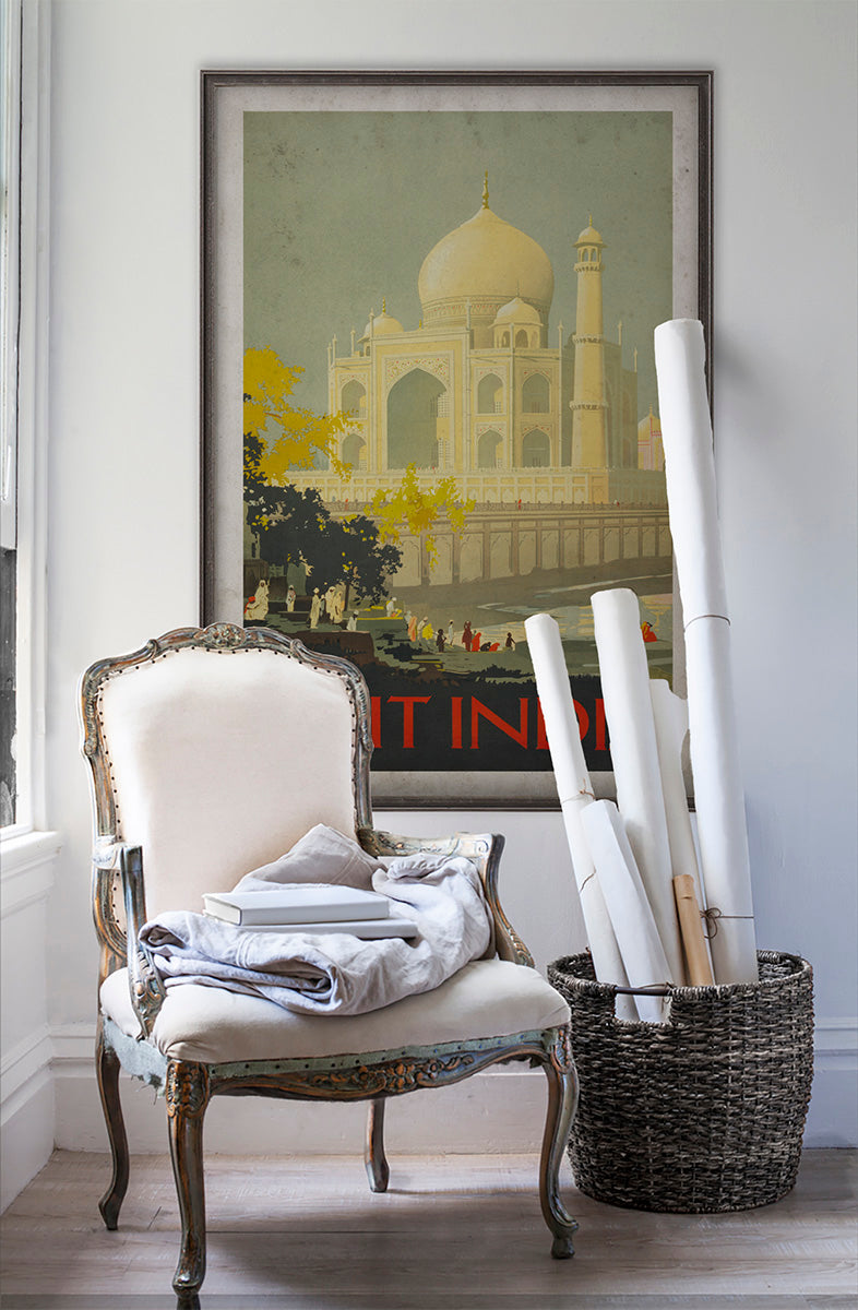 India travel poster wall art poster on white wall with vintage furniture and vintage decor.