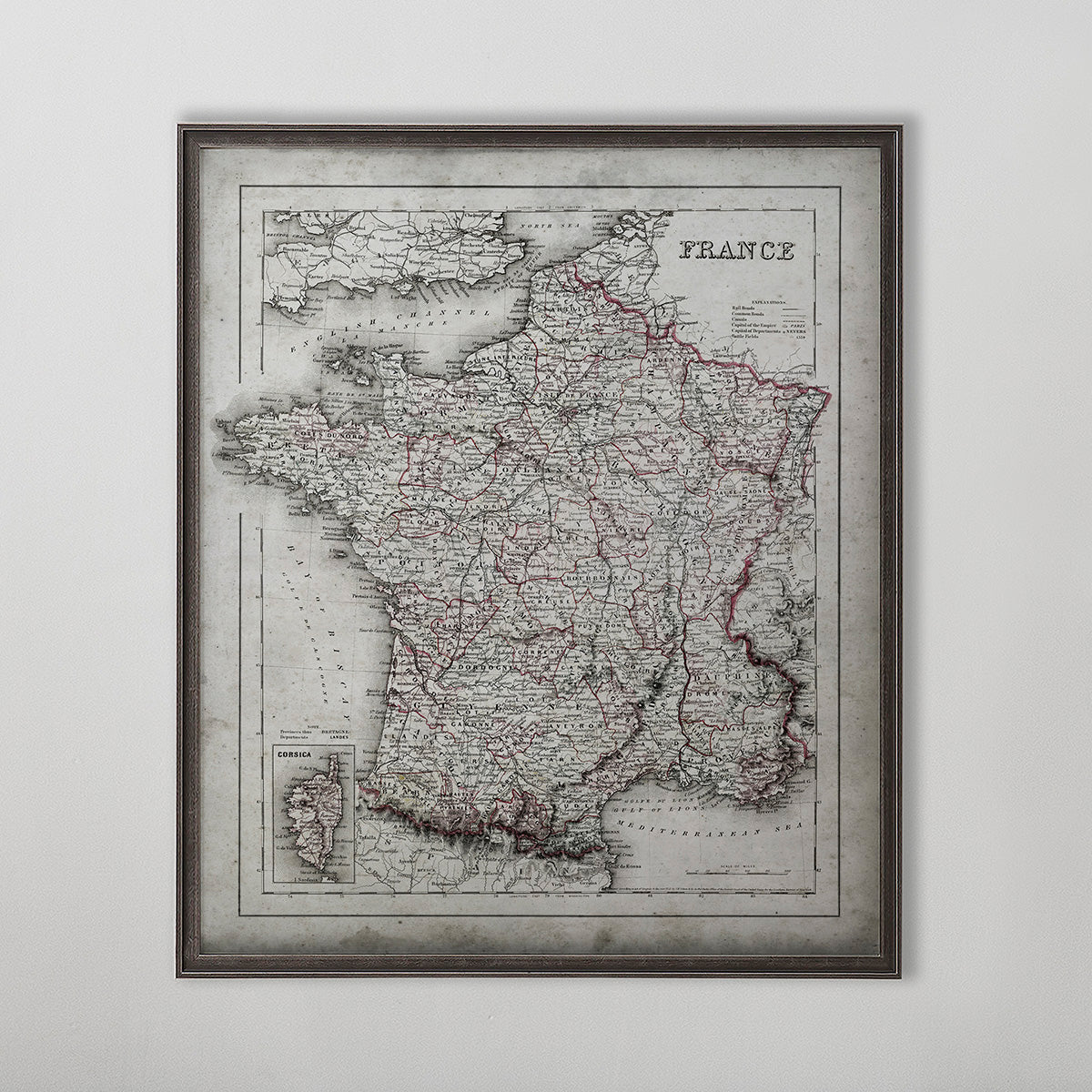 Old vintage historic map of France for wall art home decor. 
