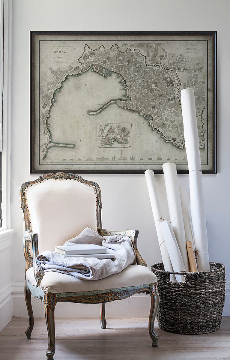 Vintage historic Genoa, Italy map in room with white walls with vintage furniture and vintage decor.
