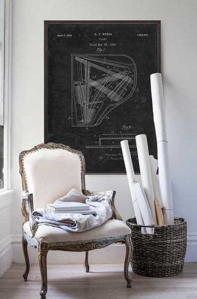 Piano Stein Patent print poster art in room with white walls with vintage furniture and vintage decor.