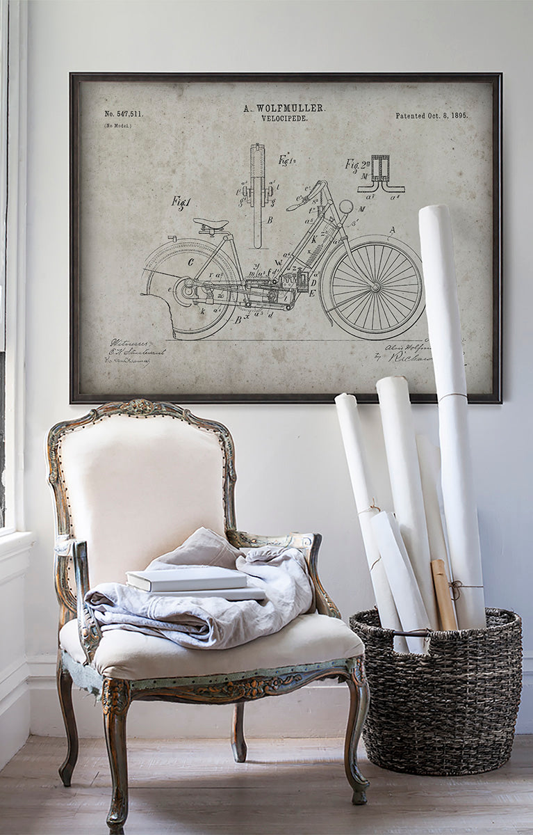 Vintage Motorcycle Patent Wolfmuller Velociped poster print art in room with white walls with vintage furniture and vintage decor.