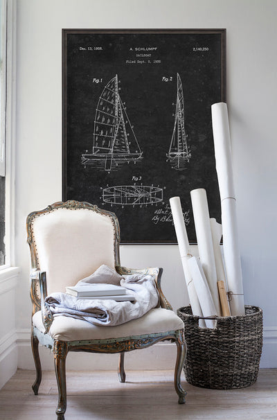 Sailboat Patent A. Schlumpf Patent poster print art in room with white walls with vintage furniture and vintage decor.