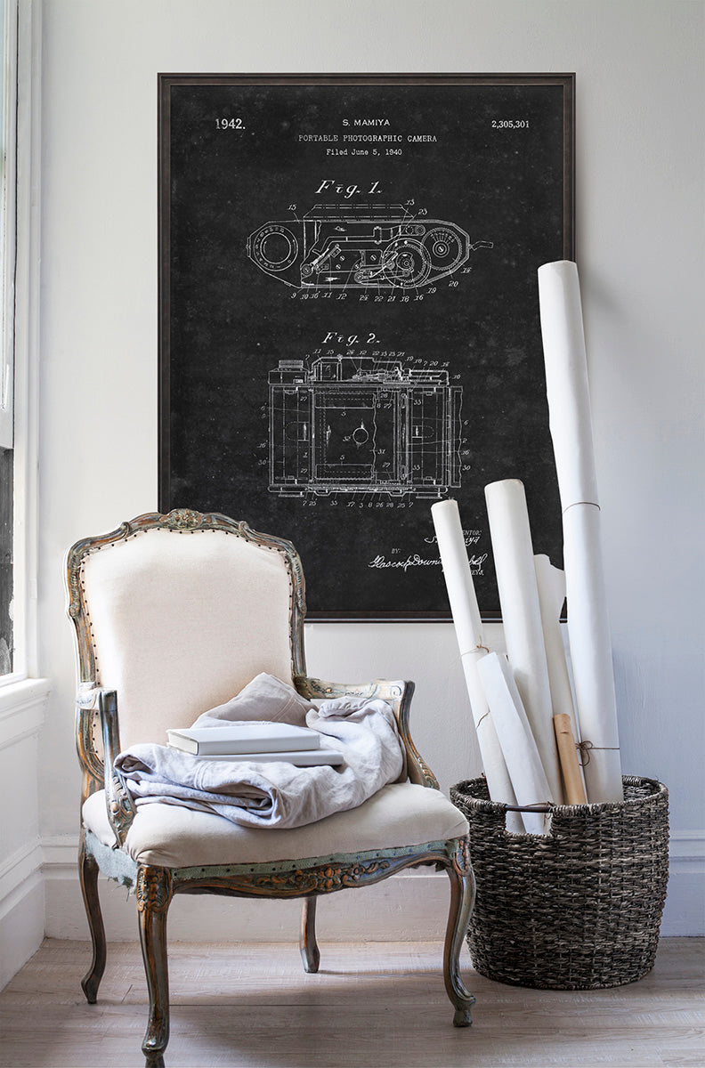 Mamiya Photographic Camera Patent print poster art in room with white walls with vintage furniture and vintage decor.