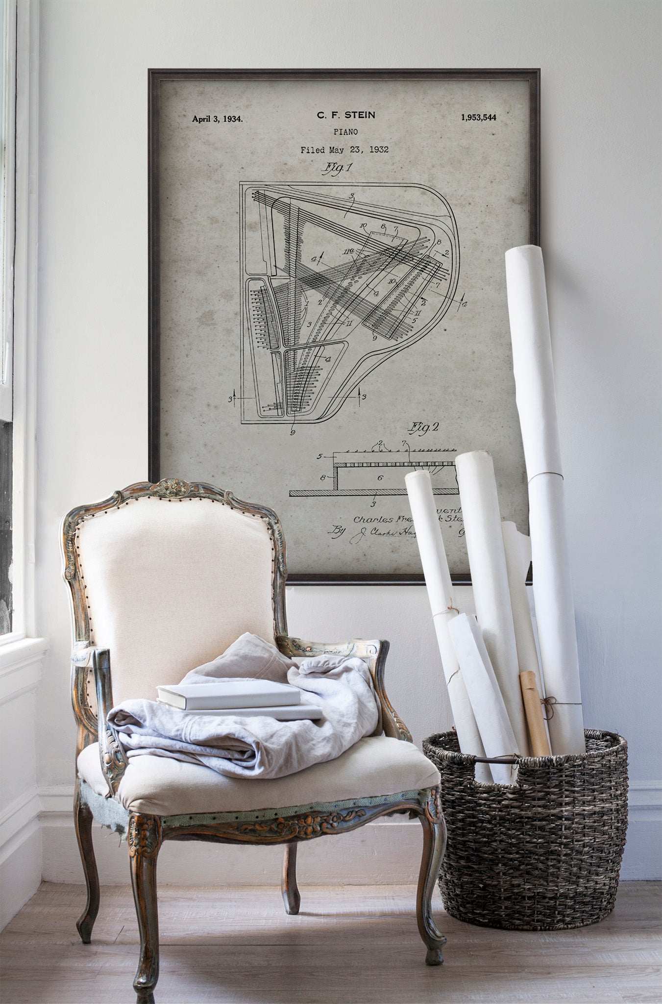 Piano Stein Patent print art in room with white walls with vintage furniture and vintage decor.