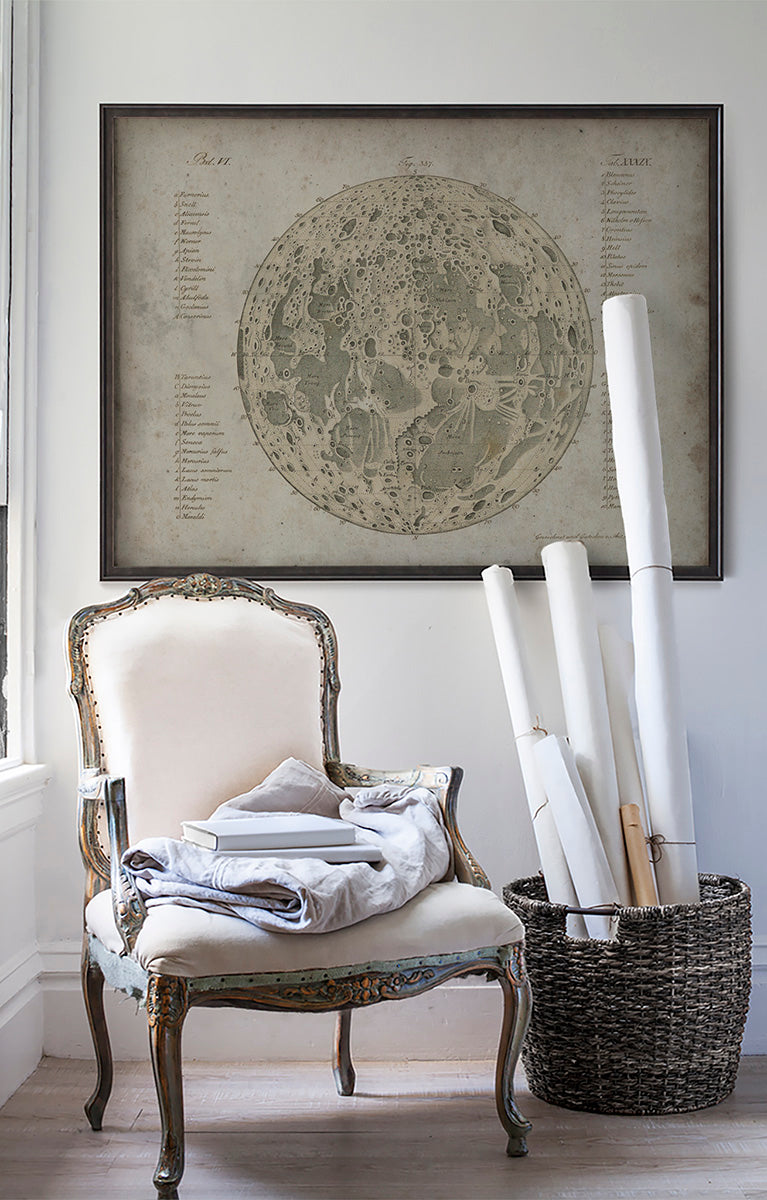 German Moon Map celestial poster print art in room with white walls with vintage furniture and vintage decor.