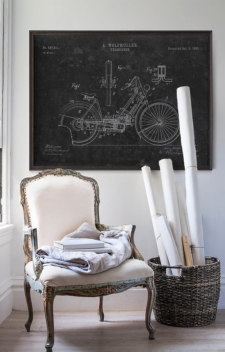 Vintage Motorcycle Patent Wolfmuller Velociped print art in room with white walls with vintage furniture and vintage decor.