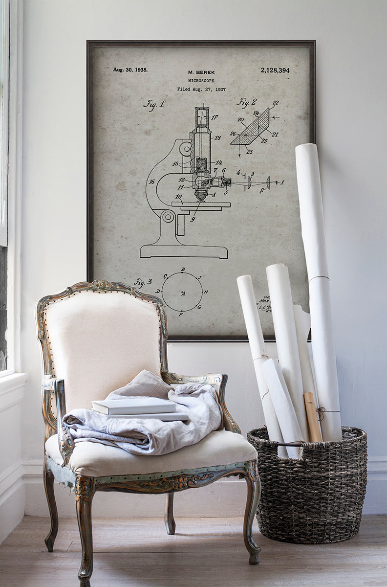 Vintage microscope patent print art in room with white walls with vintage furniture and vintage decor.