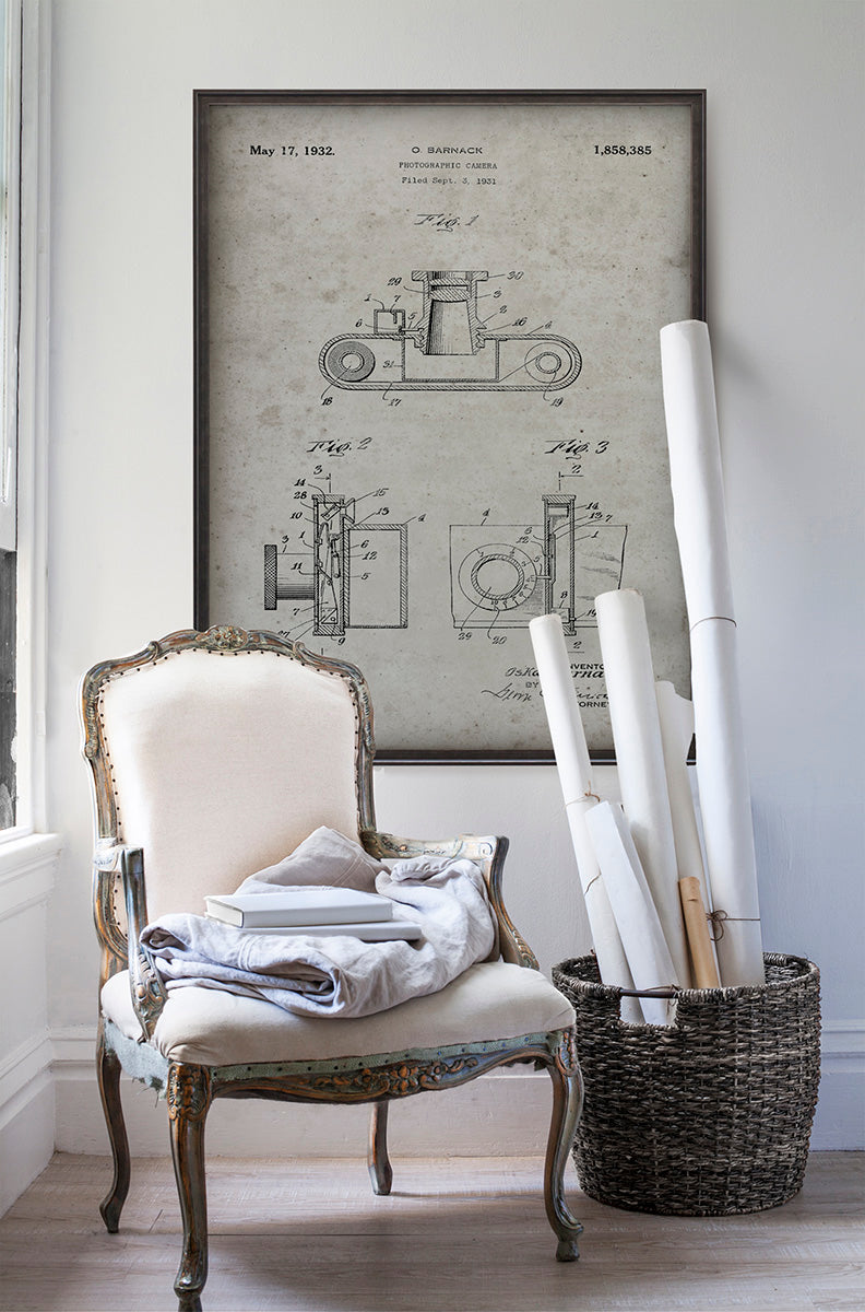 Photographic Camera Patent print art in room with white walls with vintage furniture and vintage decor.