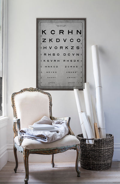 vintage Sloan vision chart  in room with white walls with vintage furniture and vintage decor.