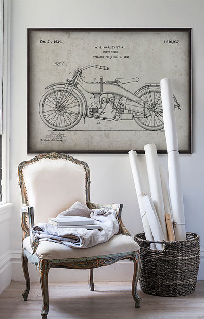 Vintage Harley patent print art in room with white walls with vintage furniture and vintage decor.