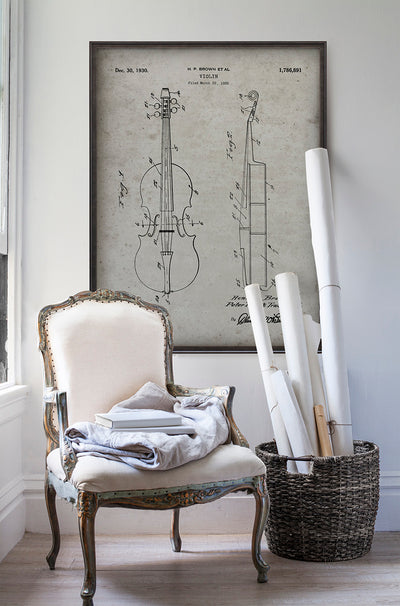 Violin Patent patent poster print art in room with white walls with vintage furniture and vintage decor.