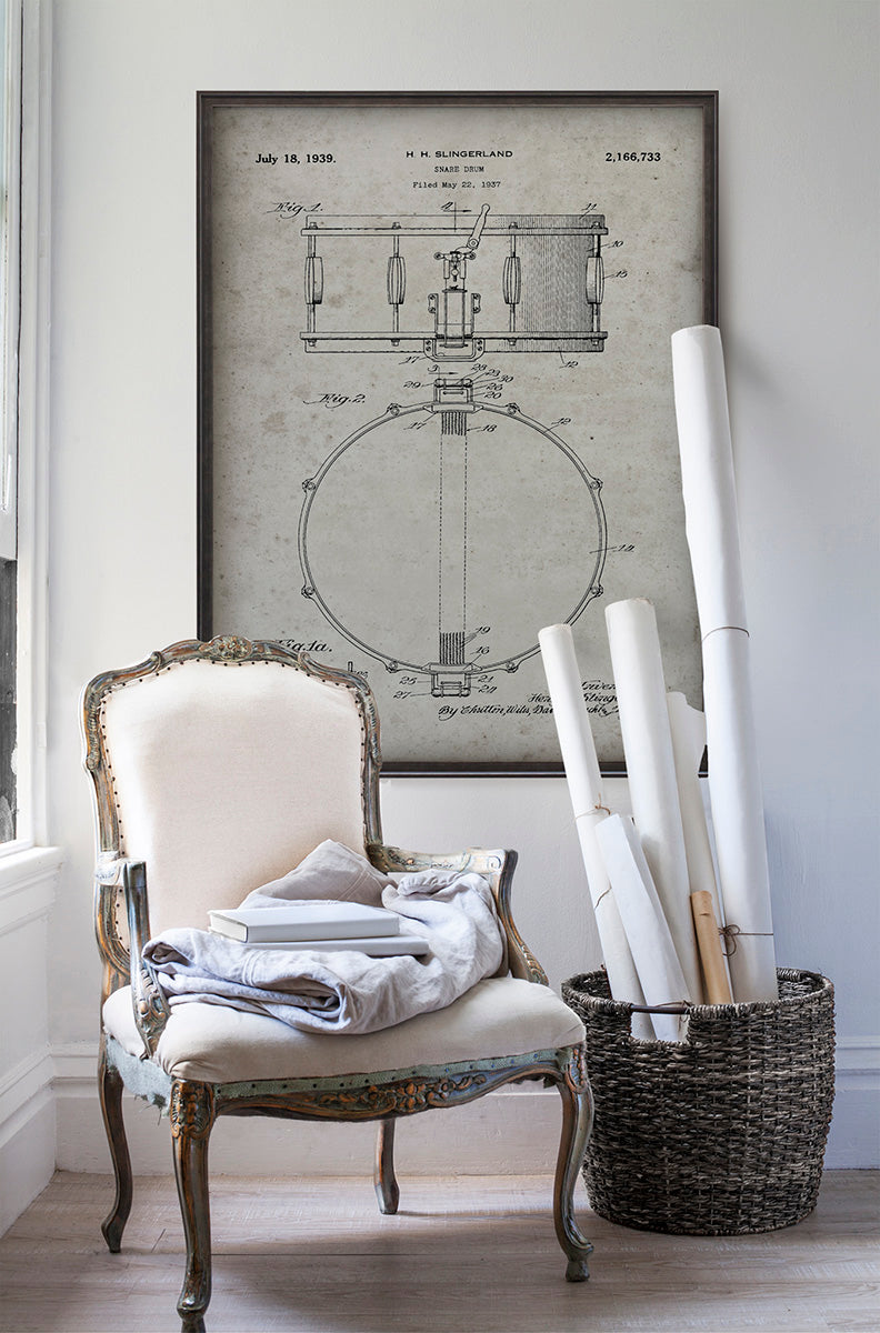 Snare Drum Patent Slingerland patent poster print art in room with white walls with vintage furniture and vintage decor.
