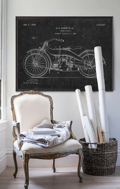 Vintage Harley patent poster print art in room with white walls with vintage furniture and vintage decor.