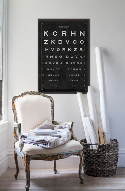 vintage vision chart  in room with white walls with vintage furniture and vintage decor.
